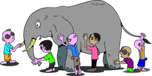 Na sliki je narisan slon s prestrašenim izrazom. Dotika se ga šest oseb, ki ima oči prekrite s črnimi očali.