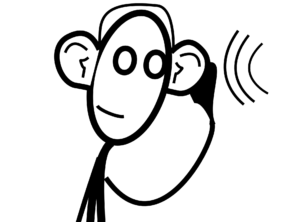 Na sliki je narisana oseba, ki ima pri ušesih narisano oznako za zvočni signal. 